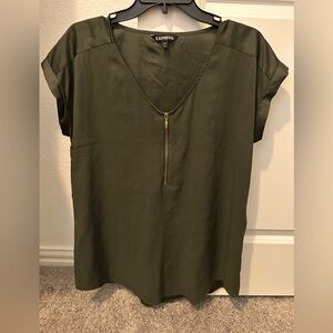 Express green silk top with gold zipper detail